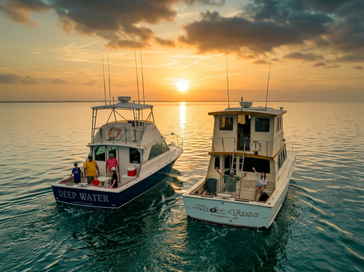 DeepWater and Short Fuse charter boats running together at sunset in Panama City, FL